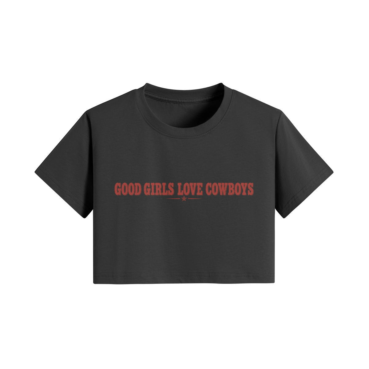Women’s Good Girls Love Cowboys Cropped Tee from Sundown Ranch Co., black color, front view