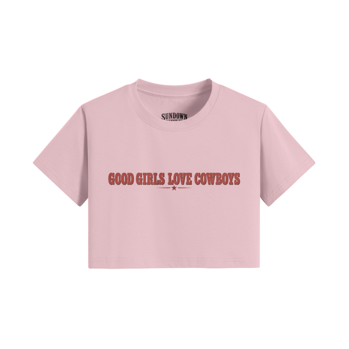 Women’s Good Girls Love Cowboys Cropped Tee from Sundown Ranch Co., pink color, front view