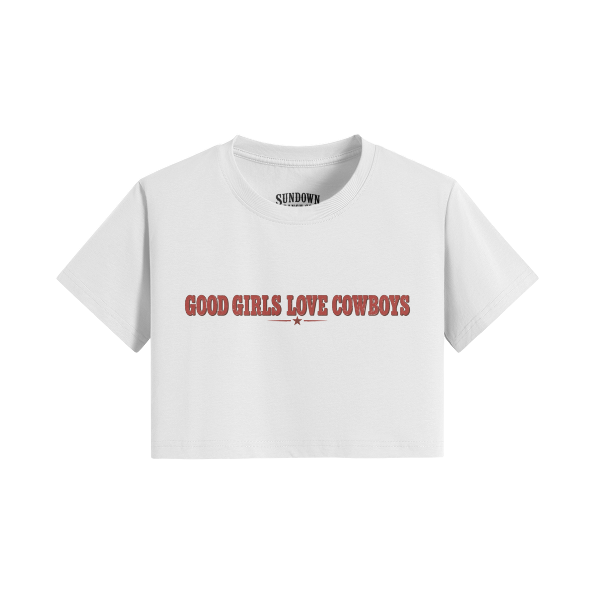 Women’s Good Girls Love Cowboys Cropped Tee from Sundown Ranch Co., white color, product image